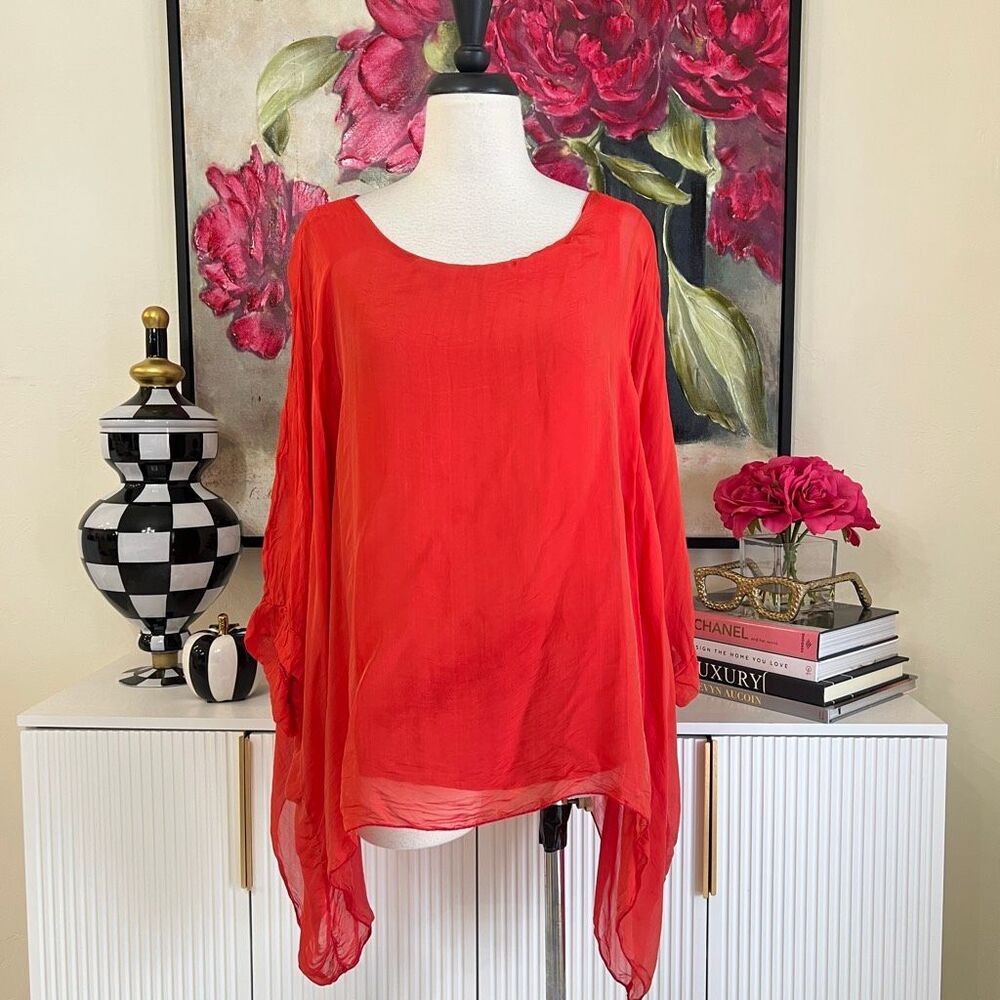 Gigi Moda Women's Silk Blend Seta Cara Kaftan Tunic Top Red Medium